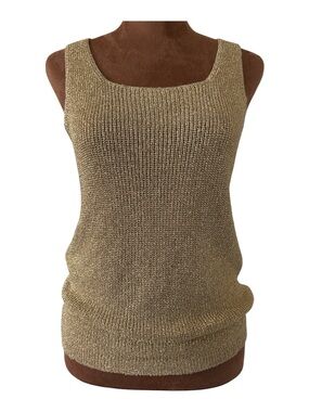 VTG Suzelle Metallic Gold Knit Tank Top Scoop Neck Sleeveless 80s Disco Glam